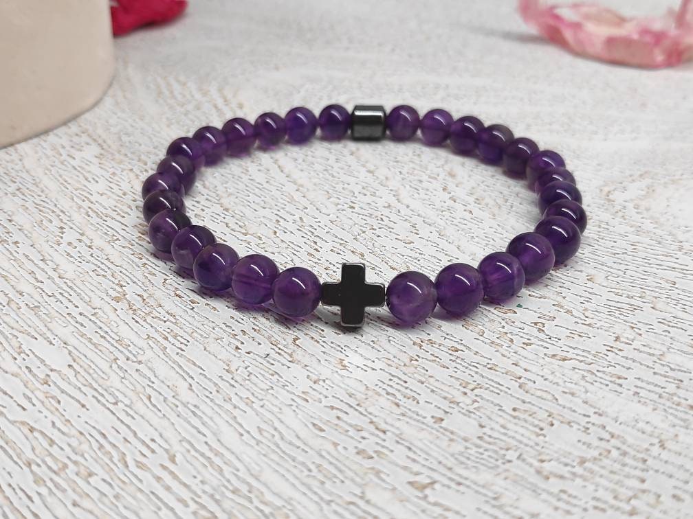 Amethyst Beaded Bracelet, Stretch Bracelet, Natural Gemstone Bracelet, Religious Hematite Cross Bracelet, Healing Bracelet, Gift Idea