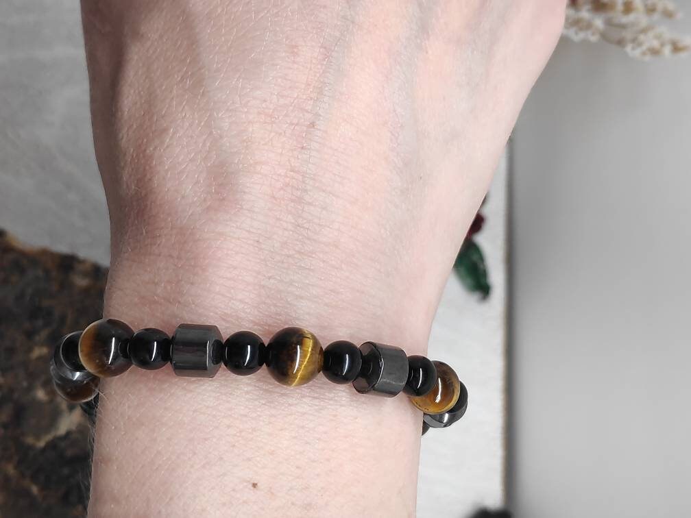 Tiger Eye, Black Obsidian, Hematite Triple Protection Beaded Bracelet, Stretch Bracelet, Gemstone Beads, Balance Healing Energy Bracelet