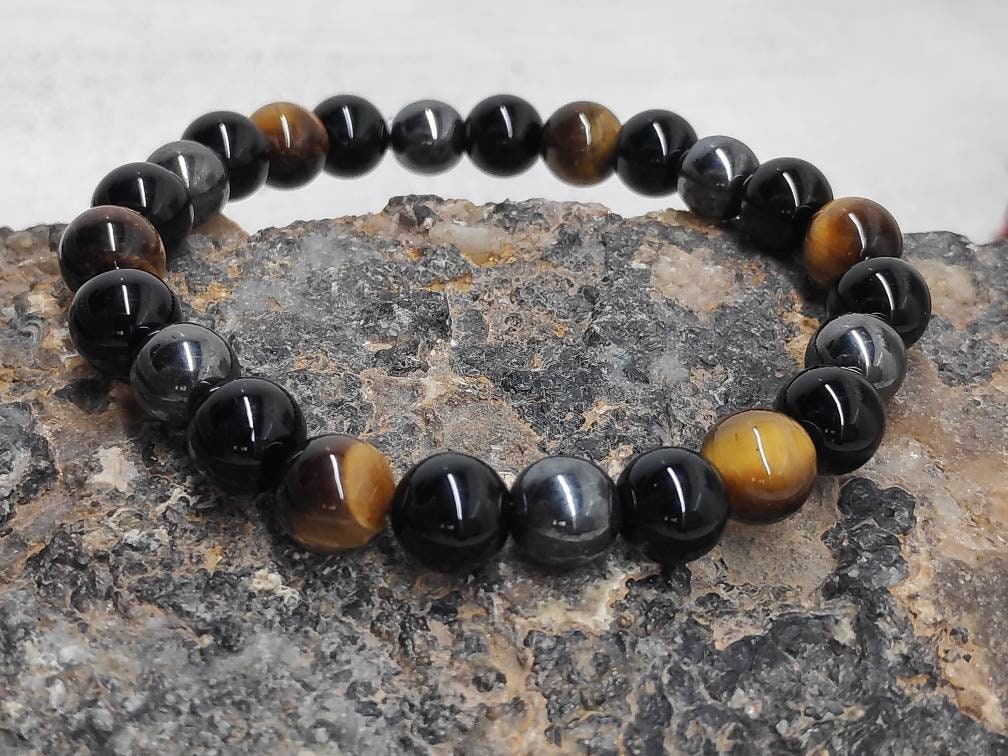 Hematite, Black Obsidian, Tiger Eye Beaded Bracelet, Triple Protection Stretch Bracelet, Gemstone Bracelet,Energy Healing Gift For Boyfriend