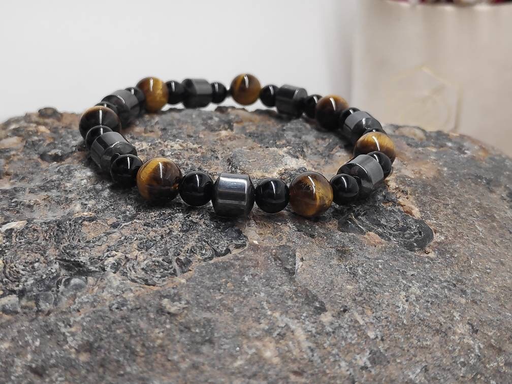 Tiger Eye, Black Obsidian, Hematite Triple Protection Beaded Bracelet, Stretch Bracelet, Gemstone Beads, Balance Healing Energy Bracelet