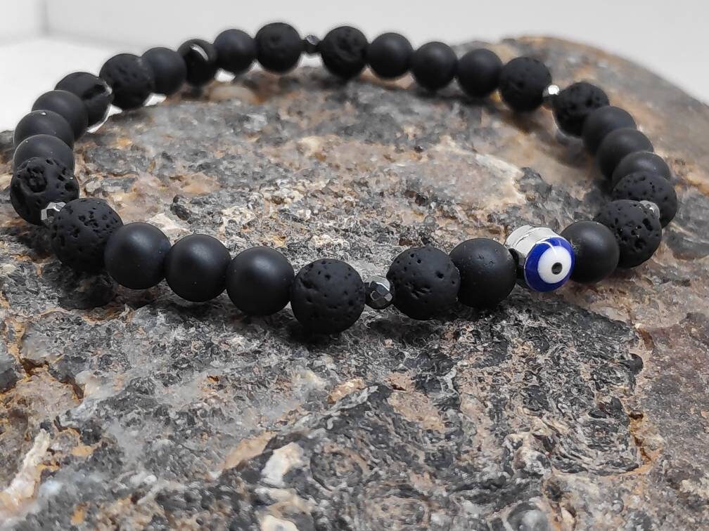Black Lava Beaded Bracelet• Evil Eye bracelet• Onyx Lava Beads Bracelet Men• Black beads Bracelet• Gemstone Stretch Bracelet• Gift for him