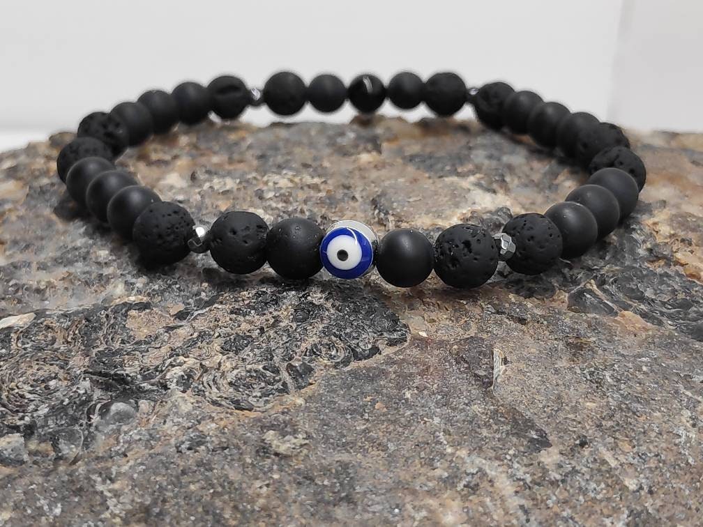 Black Lava Beaded Bracelet• Evil Eye bracelet• Onyx Lava Beads Bracelet Men• Black beads Bracelet• Gemstone Stretch Bracelet• Gift for him