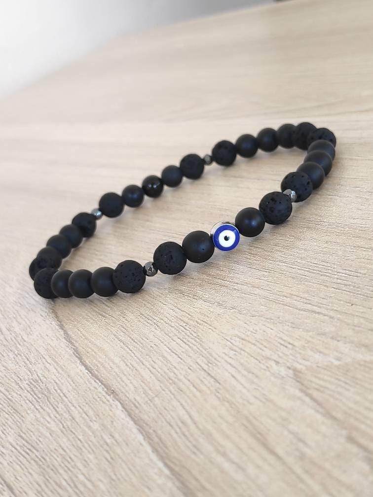Black Lava Beaded Bracelet• Evil Eye bracelet• Onyx Lava Beads Bracelet Men• Black beads Bracelet• Gemstone Stretch Bracelet• Gift for him