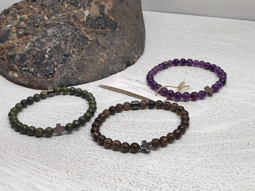 Amethyst Beaded Bracelet, Stretch Bracelet, Natural Gemstone Bracelet, Religious Hematite Cross Bracelet, Healing Bracelet, Gift Idea