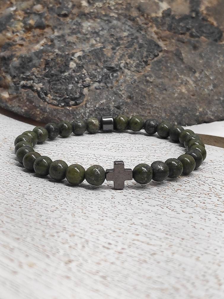Amethyst Beaded Bracelet, Stretch Bracelet, Natural Gemstone Bracelet, Religious Hematite Cross Bracelet, Healing Bracelet, Gift Idea