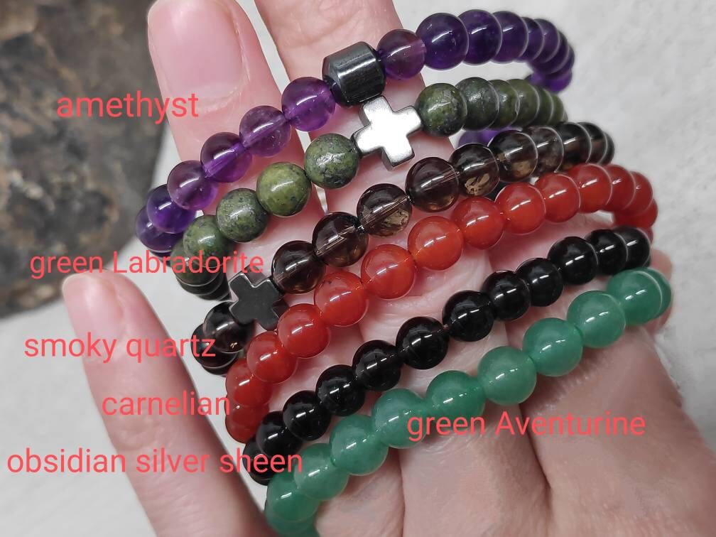 Amethyst Beaded Bracelet, Stretch Bracelet, Natural Gemstone Bracelet, Religious Hematite Cross Bracelet, Healing Bracelet, Gift Idea