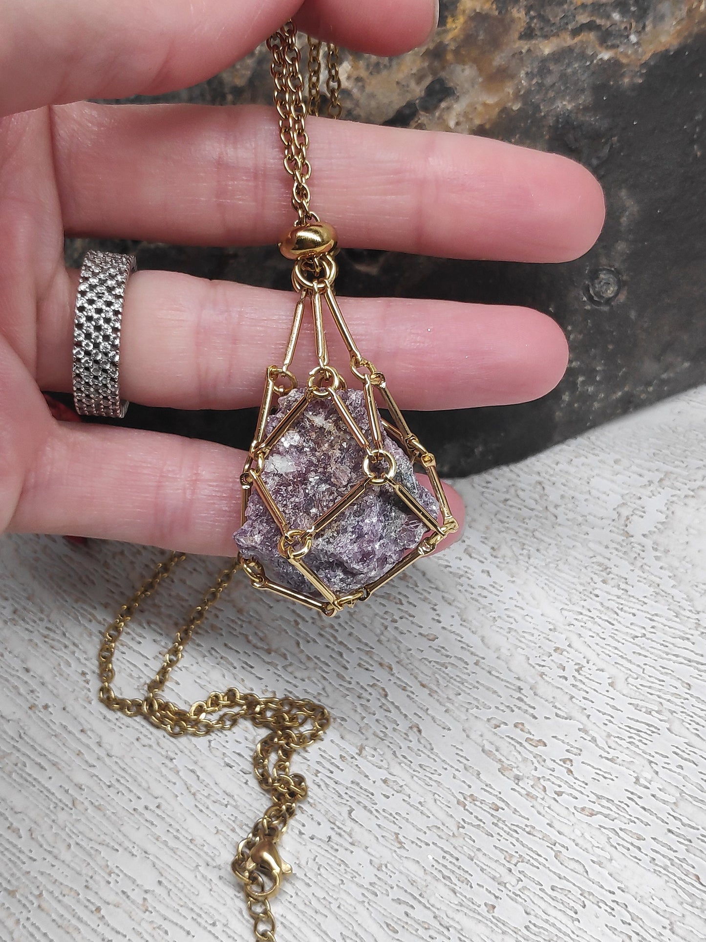 Natural Raw Lepidolite Necklace, Crystal Cage, Crystal Holder Pendant Necklace Lepidolite Pendant Gemstone Protection Healing Jewelry