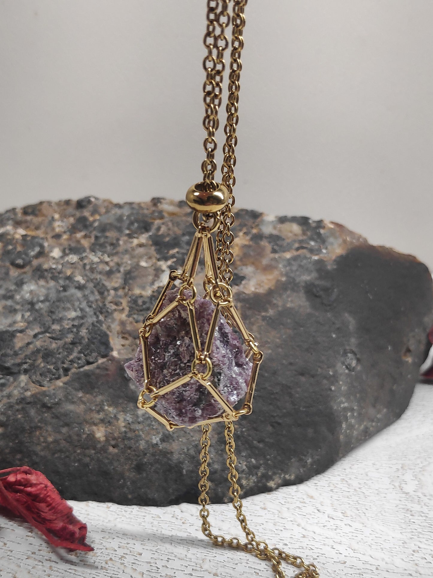 Natural Raw Lepidolite Necklace, Crystal Cage, Crystal Holder Pendant Necklace Lepidolite Pendant Gemstone Protection Healing Jewelry