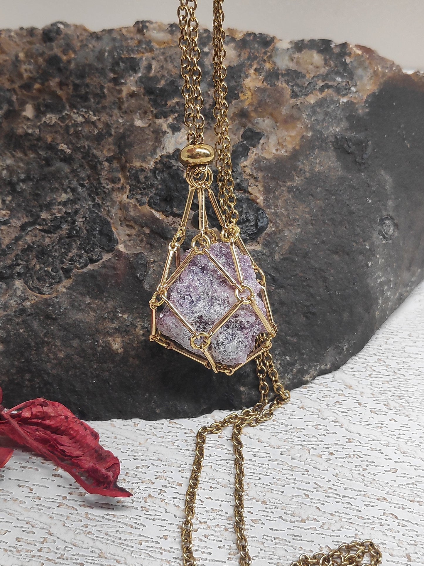 Natural Raw Lepidolite Necklace, Crystal Cage, Crystal Holder Pendant Necklace Lepidolite Pendant Gemstone Protection Healing Jewelry