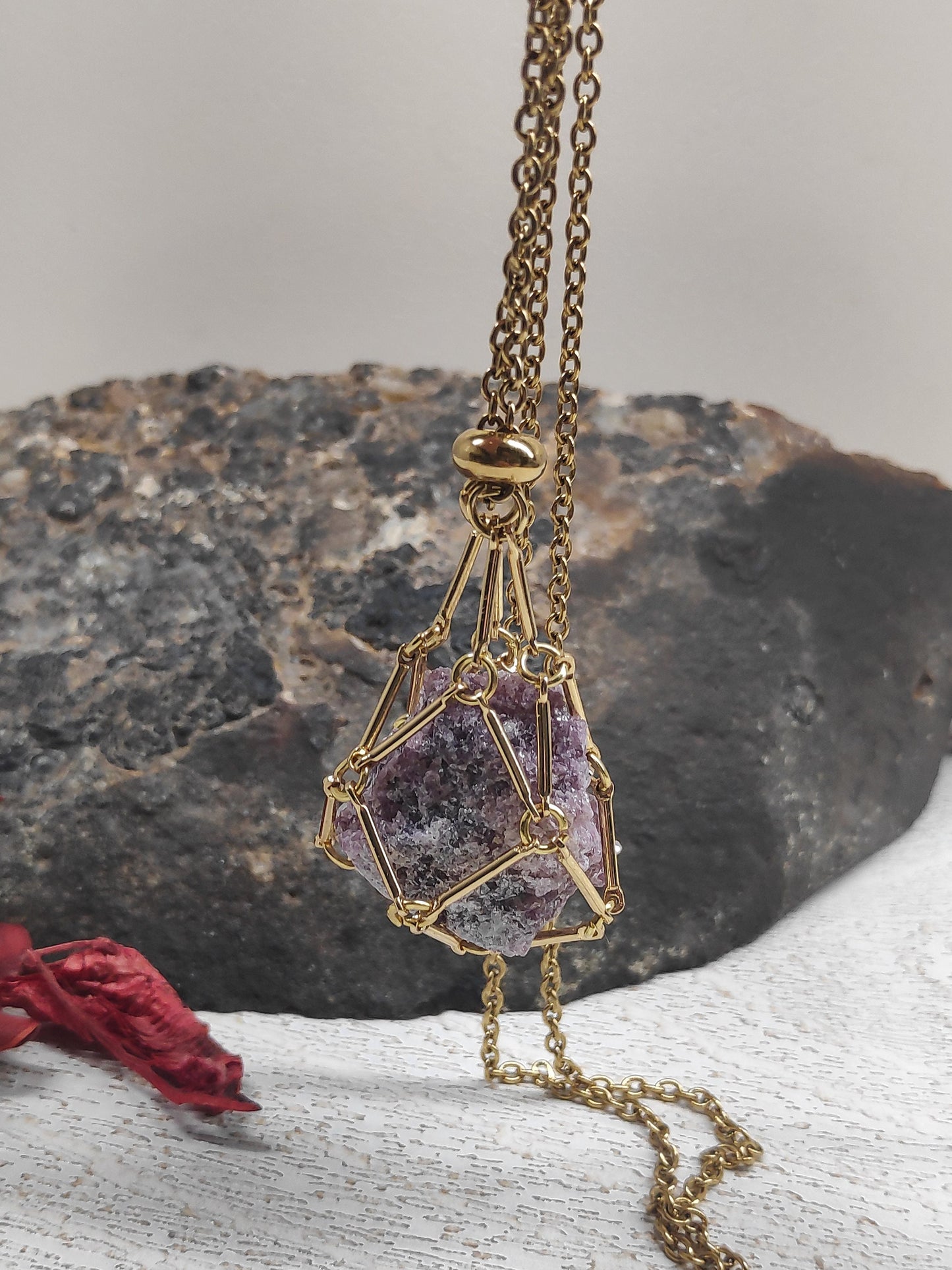 Natural Raw Lepidolite Necklace, Crystal Cage, Crystal Holder Pendant Necklace Lepidolite Pendant Gemstone Protection Healing Jewelry