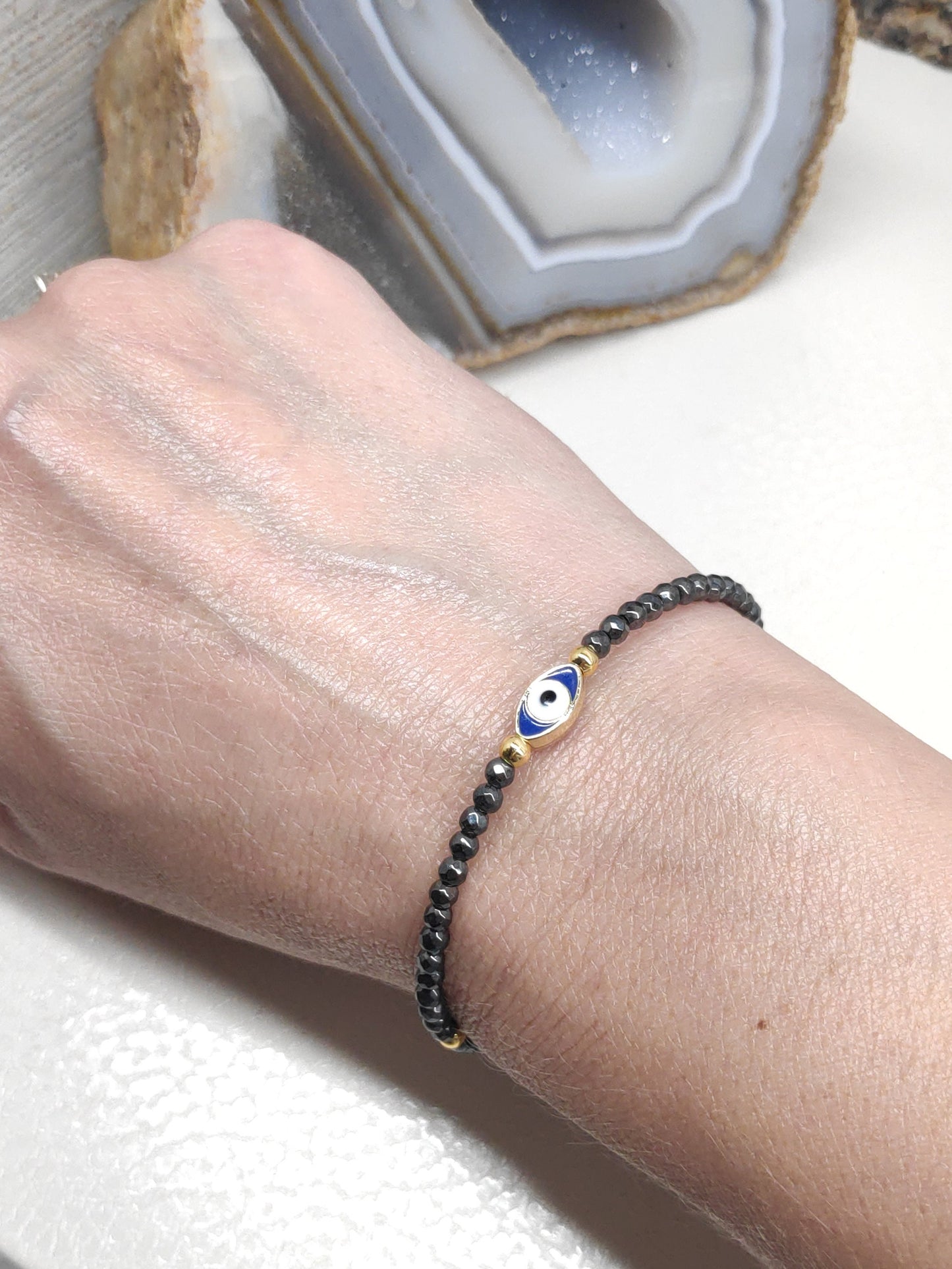 Evil eye bracelet, Faceted Hematite beaded bracelet, Healing Stone Grounding Protection Gemstone handmade jewelry, gift for girlfriend