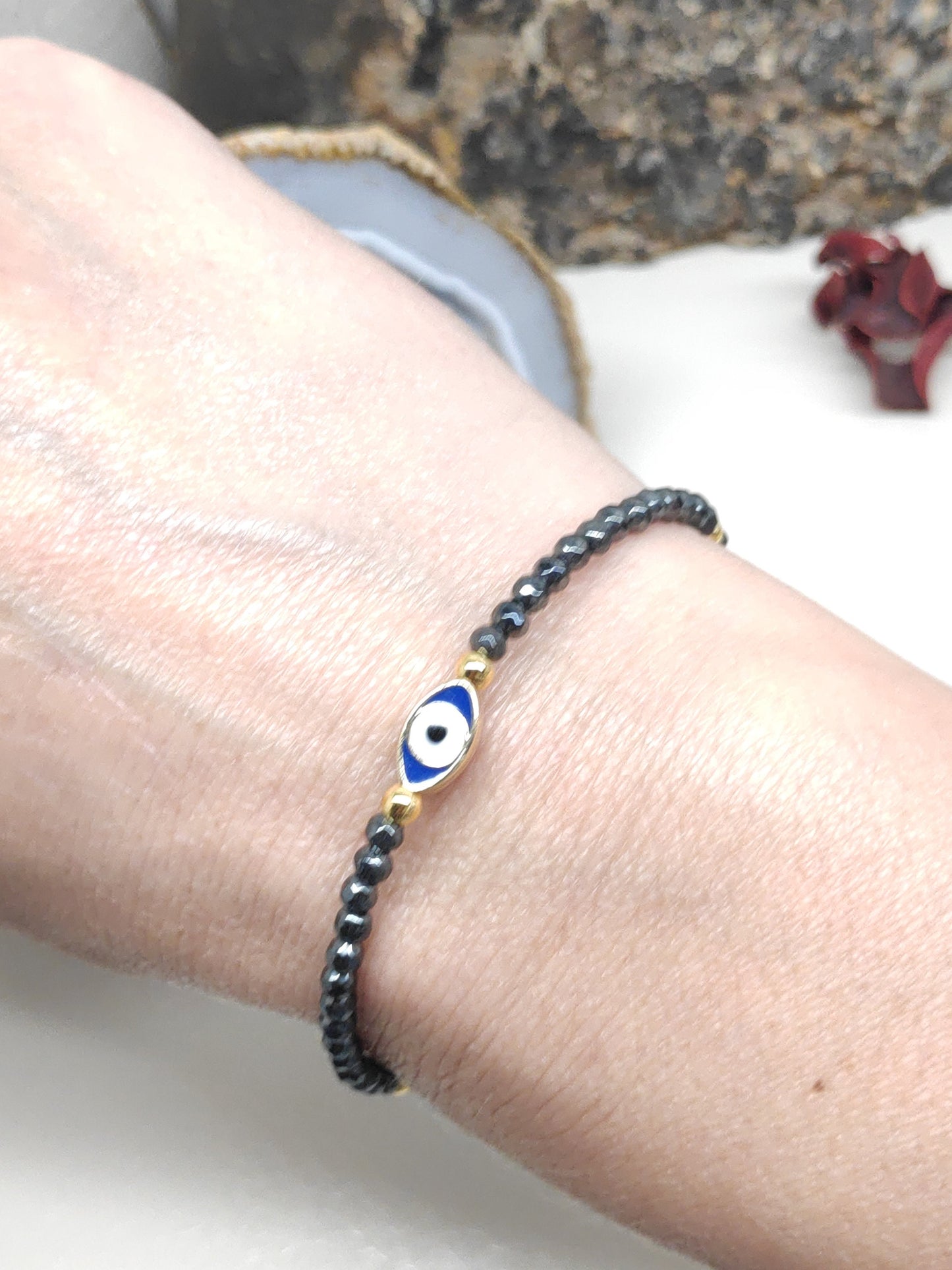 Evil eye bracelet, Faceted Hematite beaded bracelet, Healing Stone Grounding Protection Gemstone handmade jewelry, gift for girlfriend