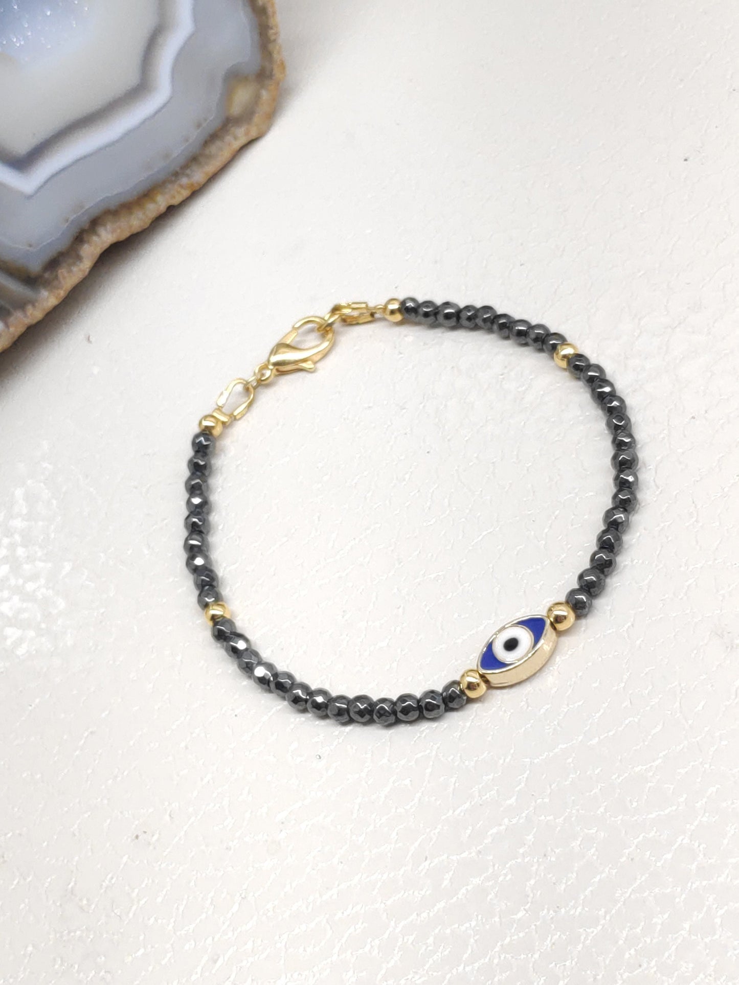 Evil eye bracelet, Faceted Hematite beaded bracelet, Healing Stone Grounding Protection Gemstone handmade jewelry, gift for girlfriend