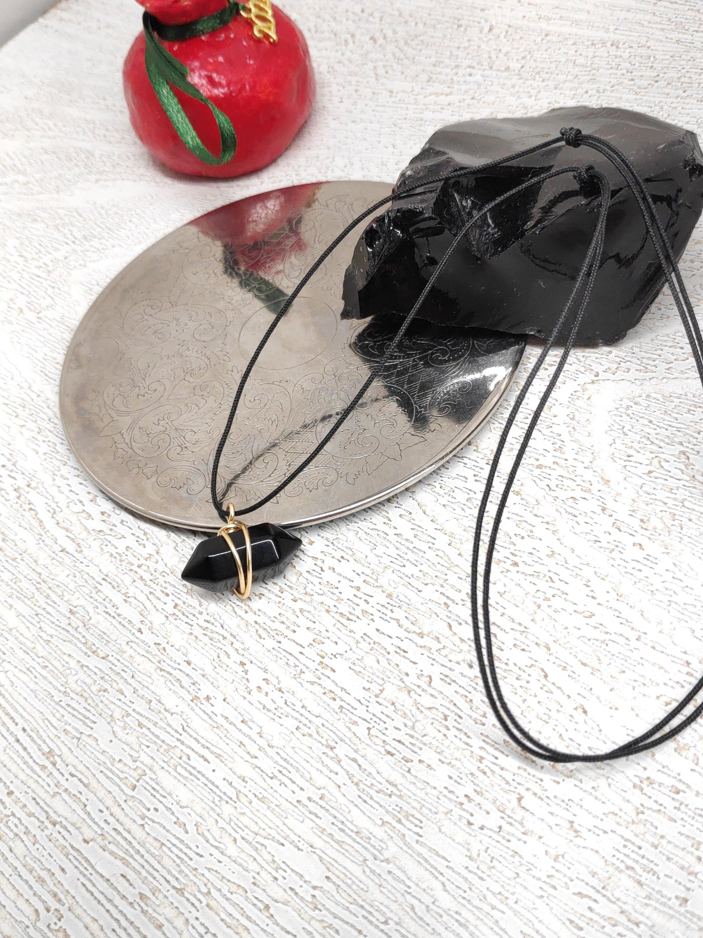 Black Obsidian Hexagon double pointed Crystal Necklace,Adjustable Trendy, bad eye Protection, Bohemian Black Cord Necklace