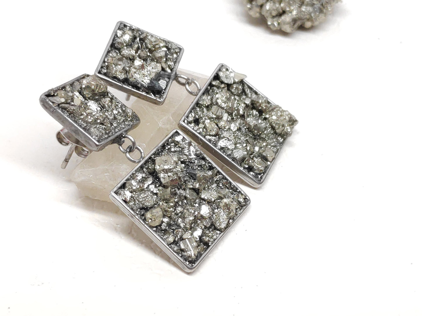 Raw Pyrite Square Studs Earrings, Healing earrings, raw Iron Pyrite earrings, handmade dainty earrings, wealth stone, gemstone