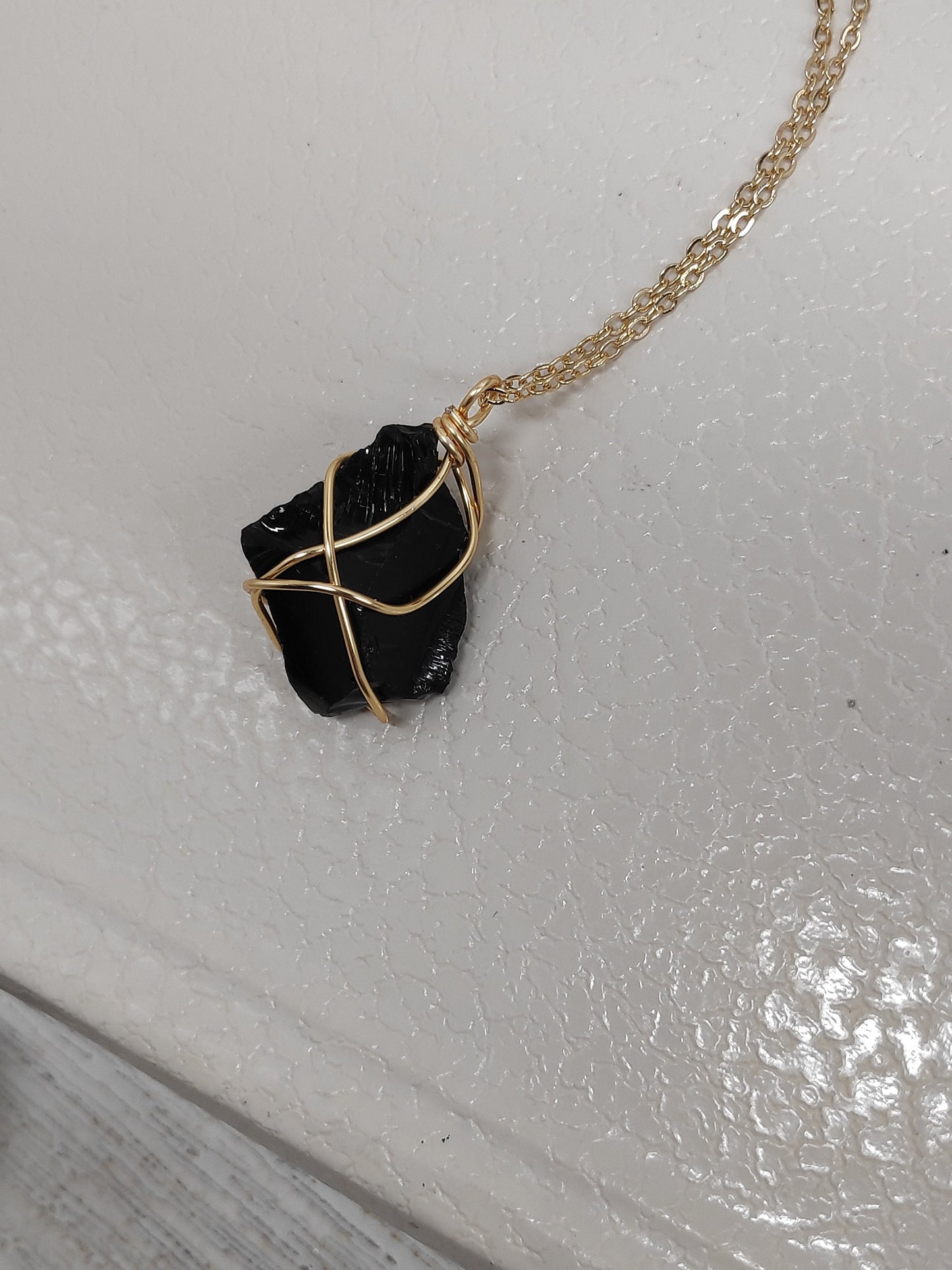 Raw Black Obsidian Pendant, Healing Crystal Pendant, Wire Wrapped Raw Stone Necklace, Protection Pendant Necklace,Natural Gemstone