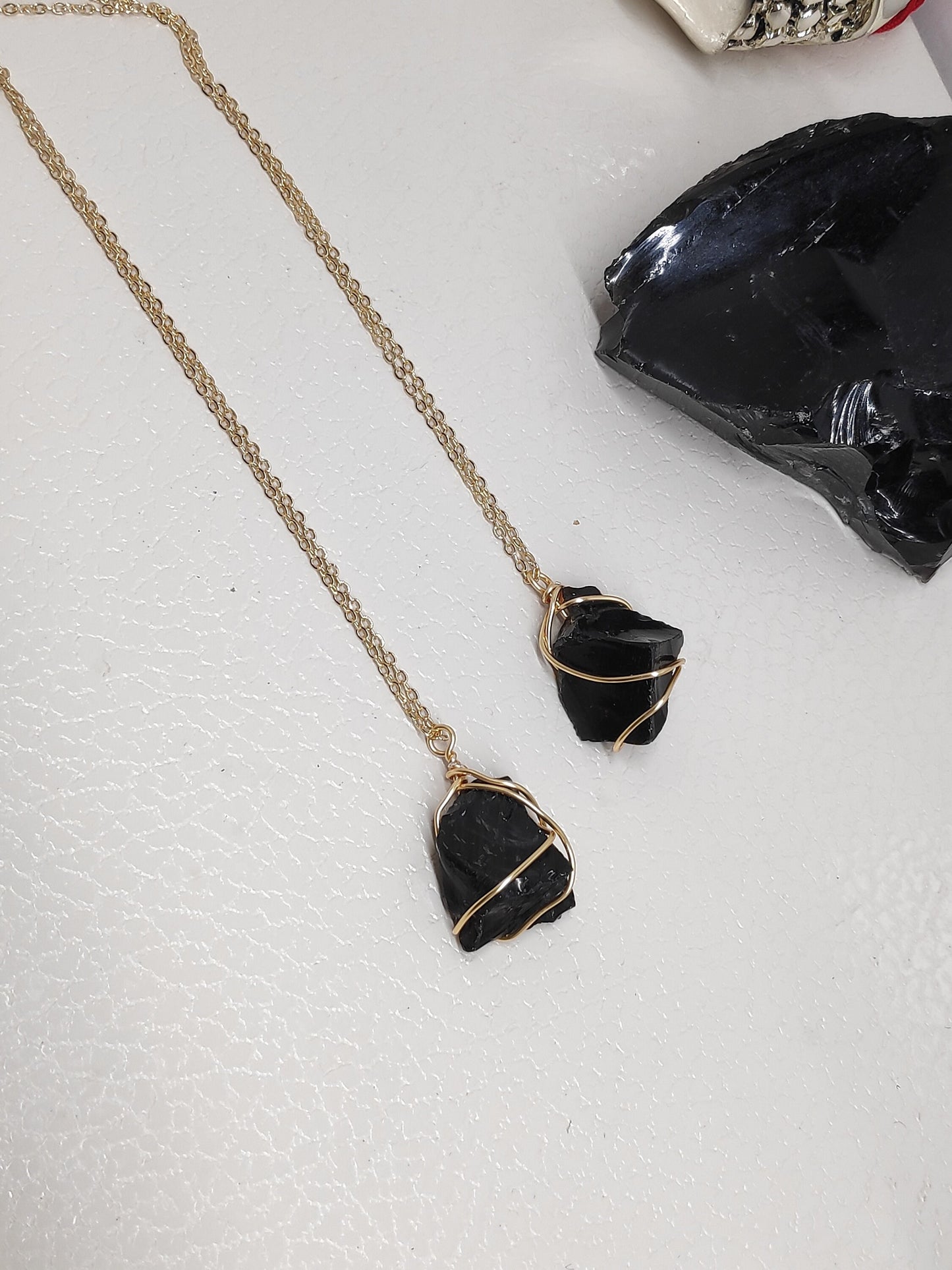 Raw Black Obsidian Pendant, Healing Crystal Pendant, Wire Wrapped Raw Stone Necklace, Protection Pendant Necklace,Natural Gemstone