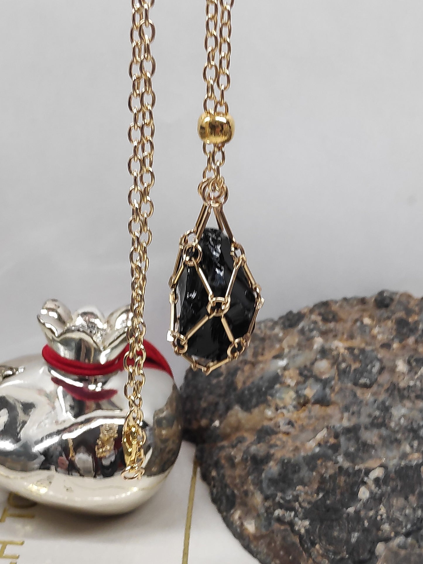 Raw Obsidian Necklace, Stainless Steel Cage Replaceable Crystal Pendant Necklace, Rough Black Obsidian Pendant, Protection Jewelry women