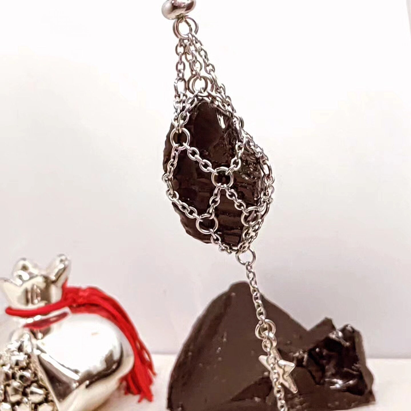 Raw Obsidian Necklace, Steel Cage Replaceable Crystal Pendant Necklace, Rough Black Obsidian Pendant, Protection Jewelry women