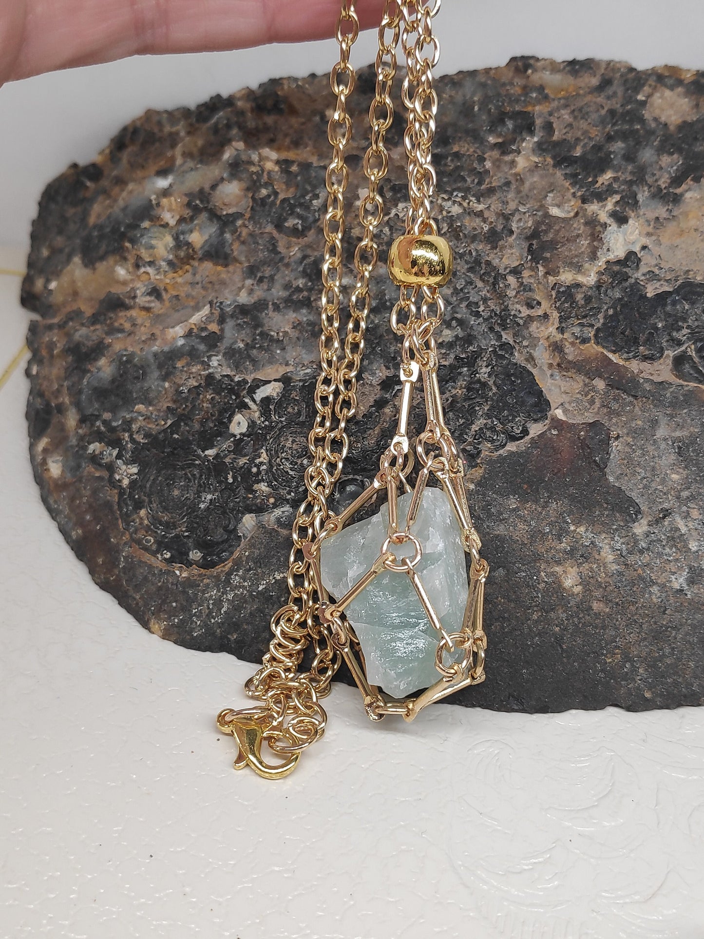 Natural Raw Aquamarine Necklace, Steel Cage Holder Crystal Pendant Necklace, Rough Aquamarine Necklace, Protection Healing Crystal Jewelry