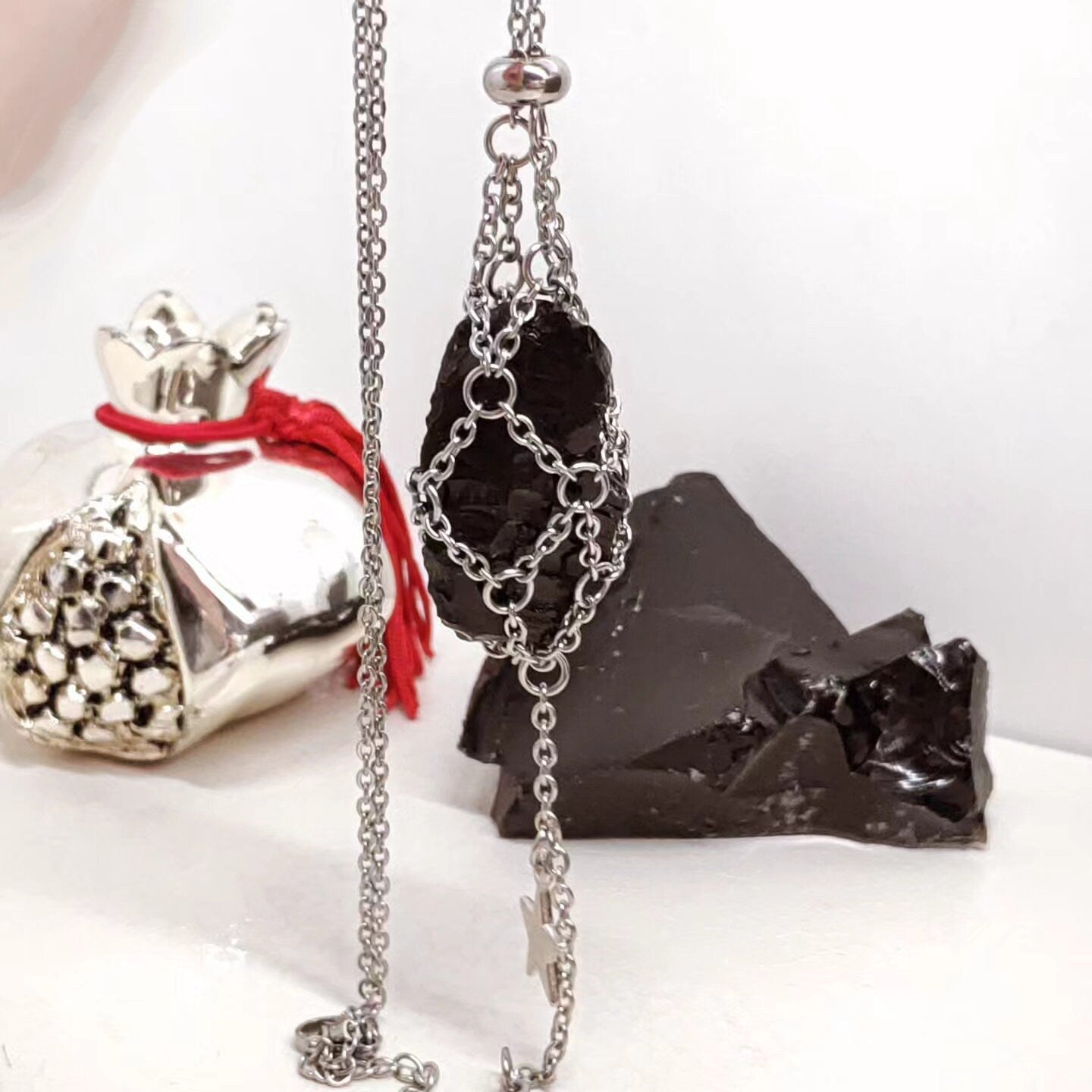 Raw Obsidian Necklace, Steel Cage Replaceable Crystal Pendant Necklace, Rough Black Obsidian Pendant, Protection Jewelry women