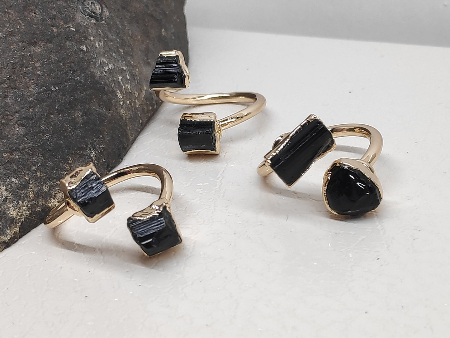 Raw Black Tourmaline adjustable ring, Reiki antique, black crystal, fashion dainty elegant women protection stone finger ring