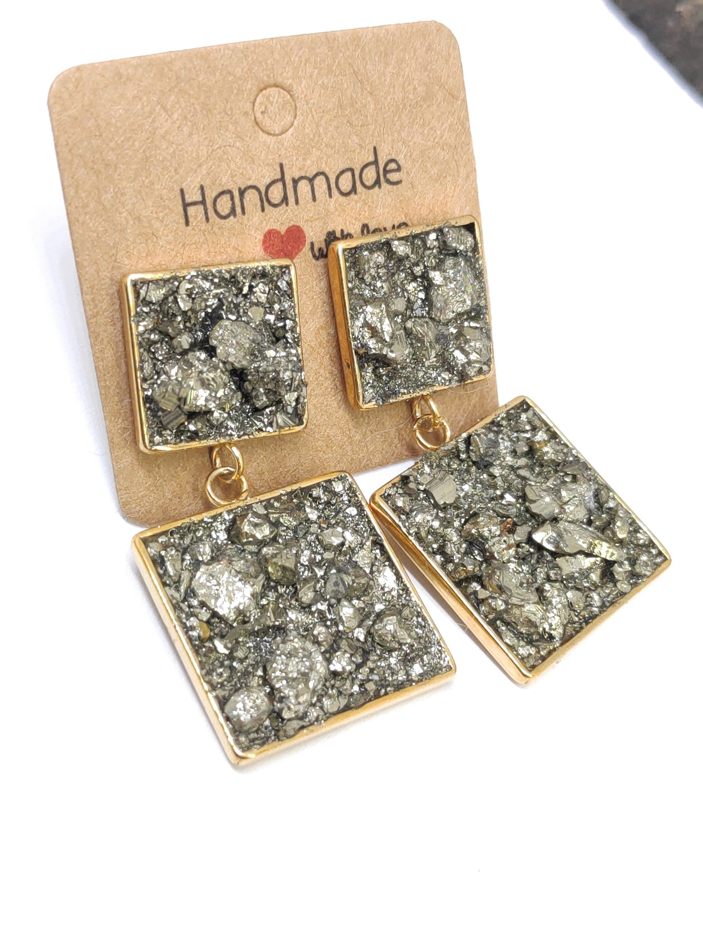 Raw Pyrite Square Studs Earrings, Healing earrings, raw Iron Pyrite earrings, handmade dainty earrings, wealth stone, gemstone