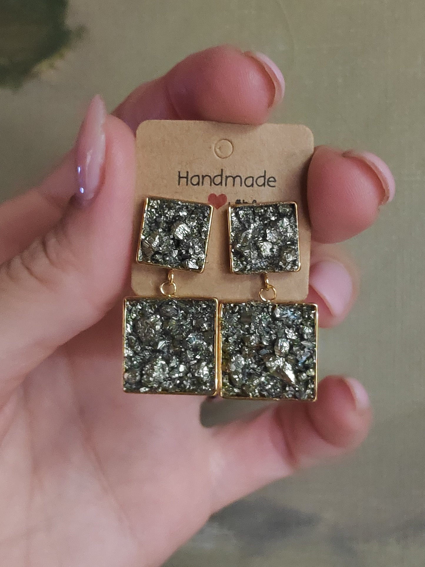 Raw Pyrite Square Studs Earrings, Healing earrings, raw Iron Pyrite earrings, handmade dainty earrings, wealth stone, gemstone