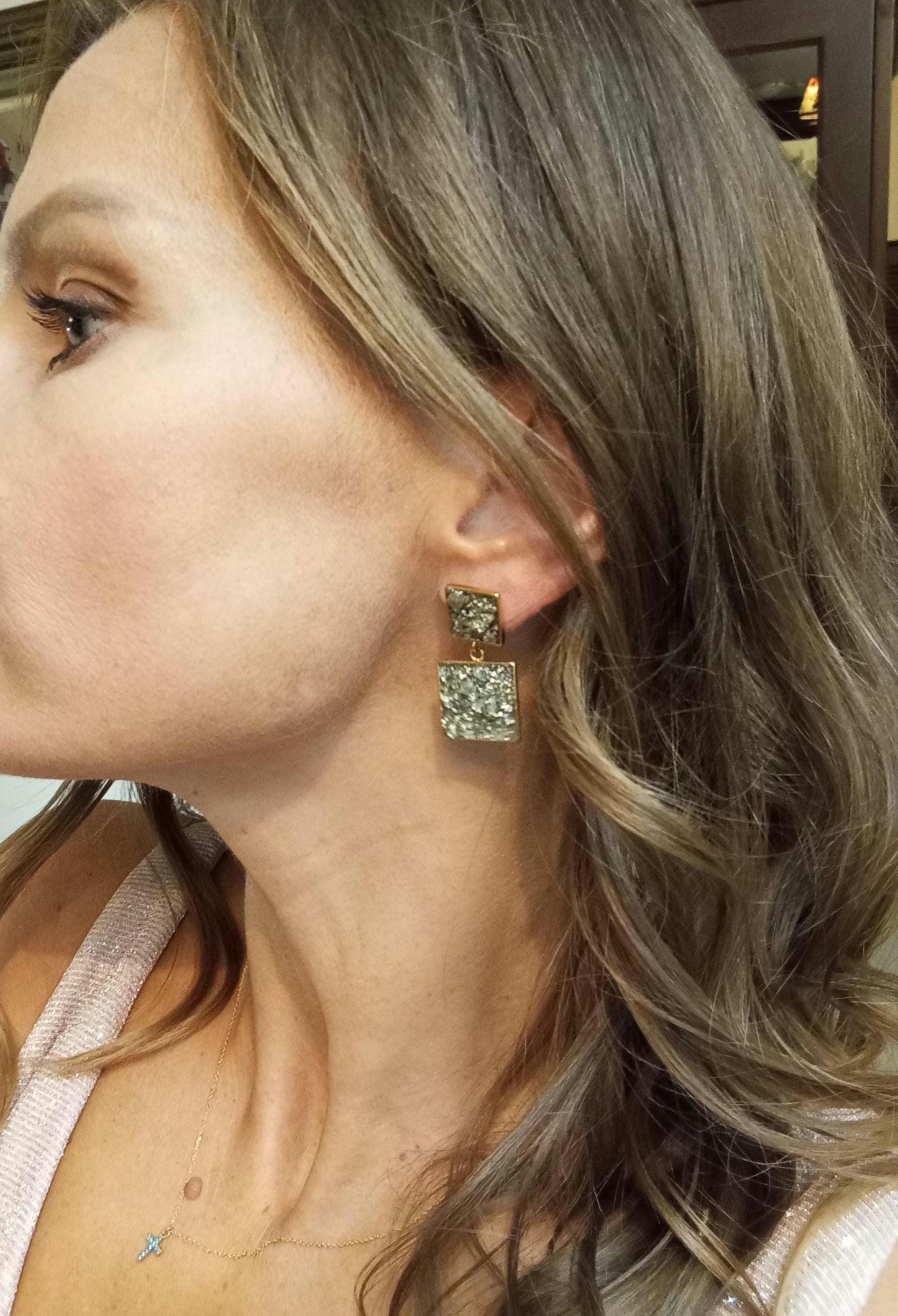 Raw Pyrite Square Studs Earrings, Healing earrings, raw Iron Pyrite earrings, handmade dainty earrings, wealth stone, gemstone