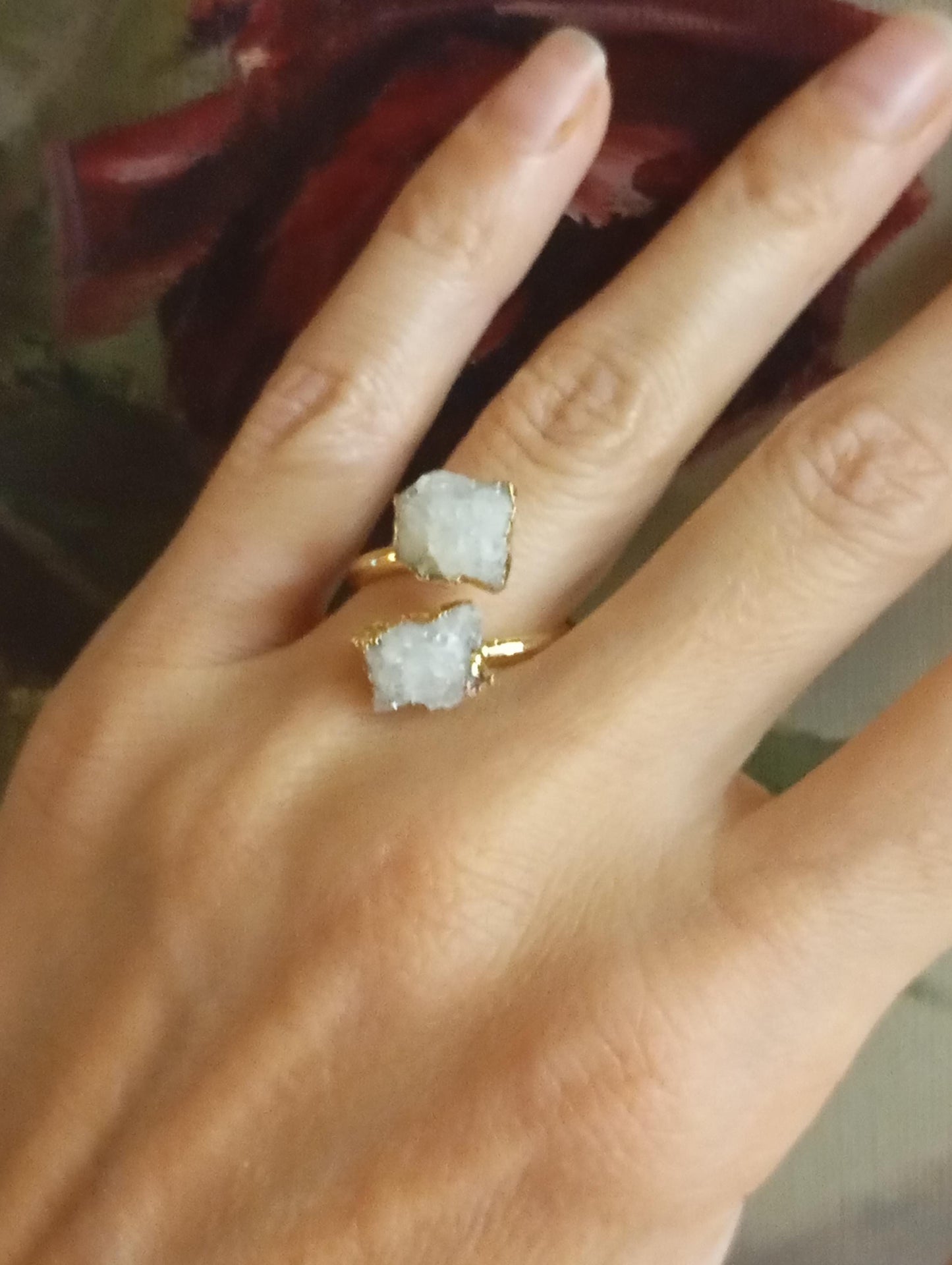 Raw white druzy quartz crystal, adjustable open finger ring, fashion dainty elegant women protection semiprecious stone, natural gemstone