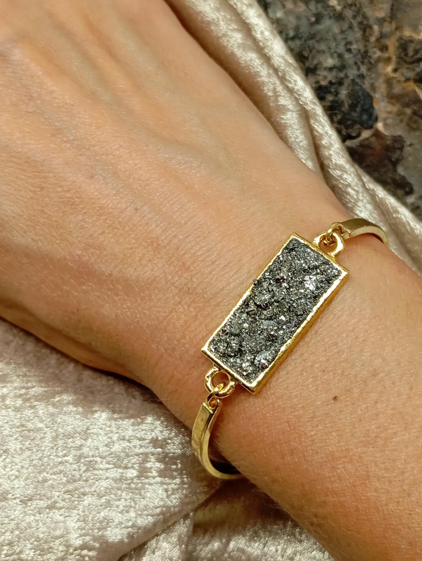 Raw Pyrite rectangular cabochon Bracelet, Wealth Stone, stainless steel gemstone bracelet women, protection healing mascot, handmade