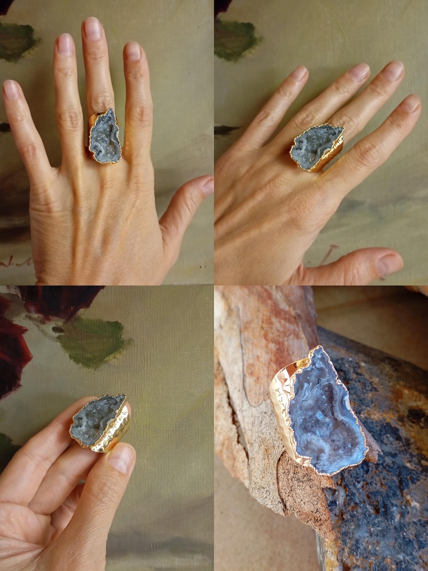 Raw Lace agate geode adjustable finger ring, antique, bohemian healing, protection, natural gemstone, fashion dainty elegant gift for women