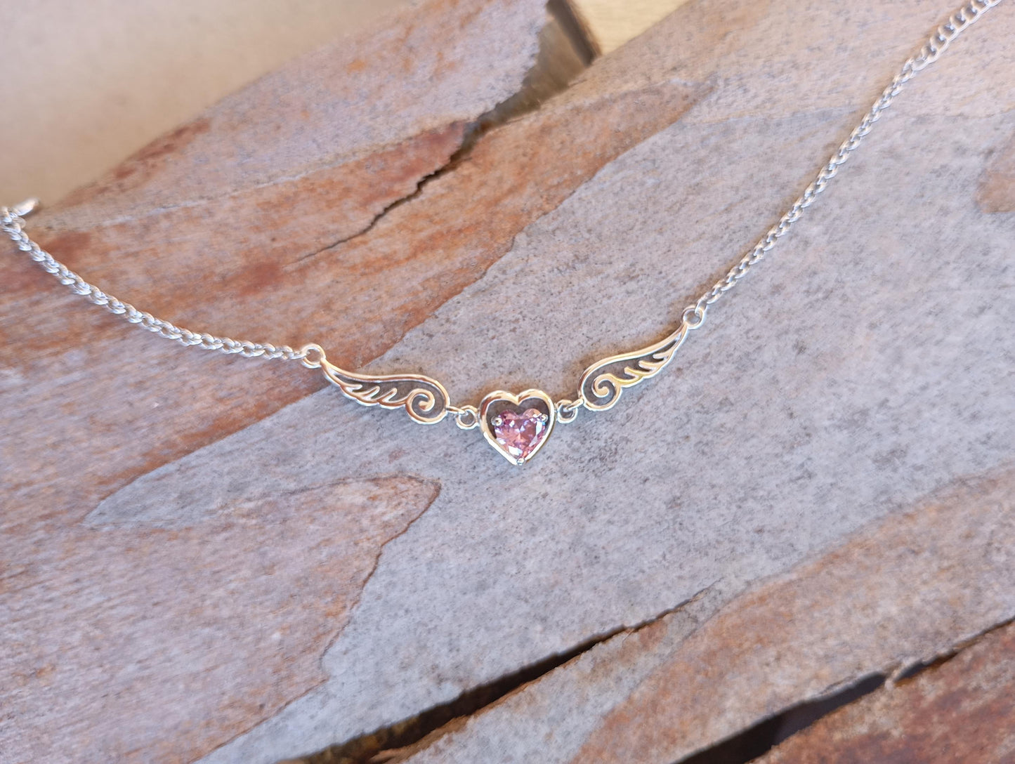 Purple Zircon Heart Angel Wings link chain Necklace, sterling silver, love charm trendy bohemian, gift for women