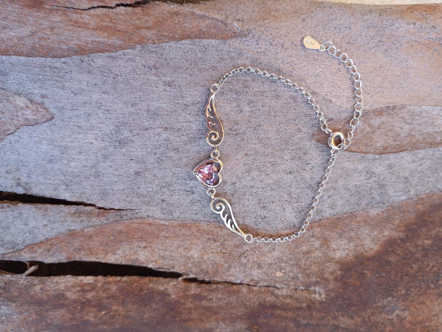 Purple Zircon Heart Angel Wings chain bracelet, sterling silver, love charm trendy bohemian, gift for women