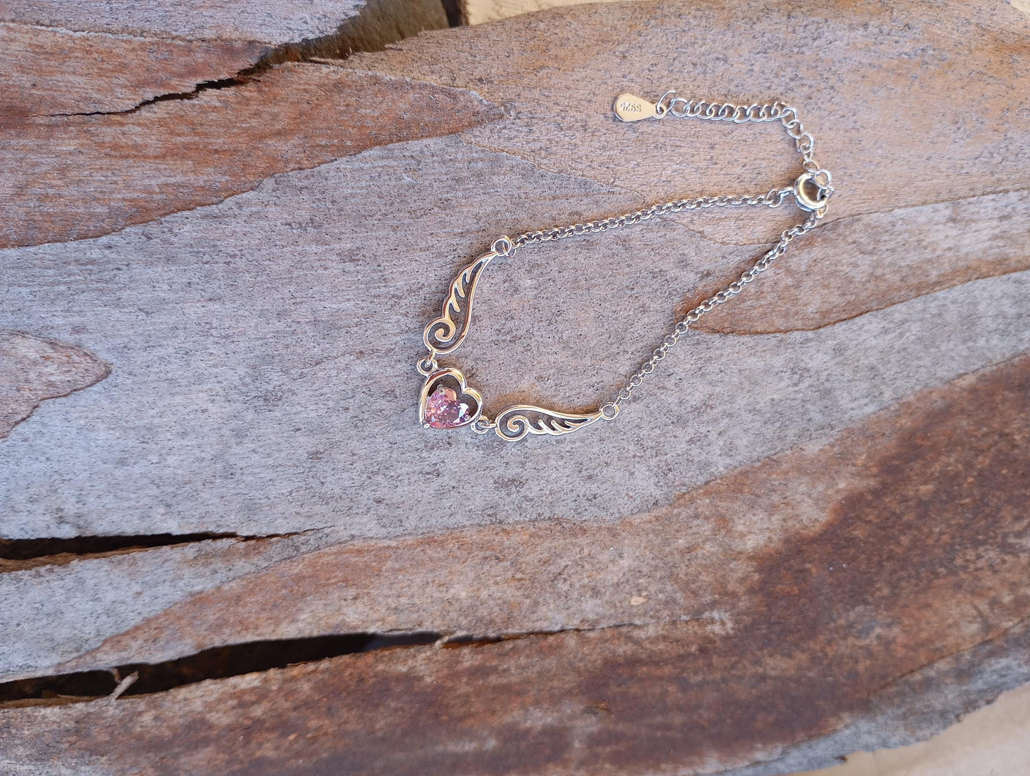 Purple Zircon Heart Angel Wings chain bracelet, sterling silver, love charm trendy bohemian, gift for women