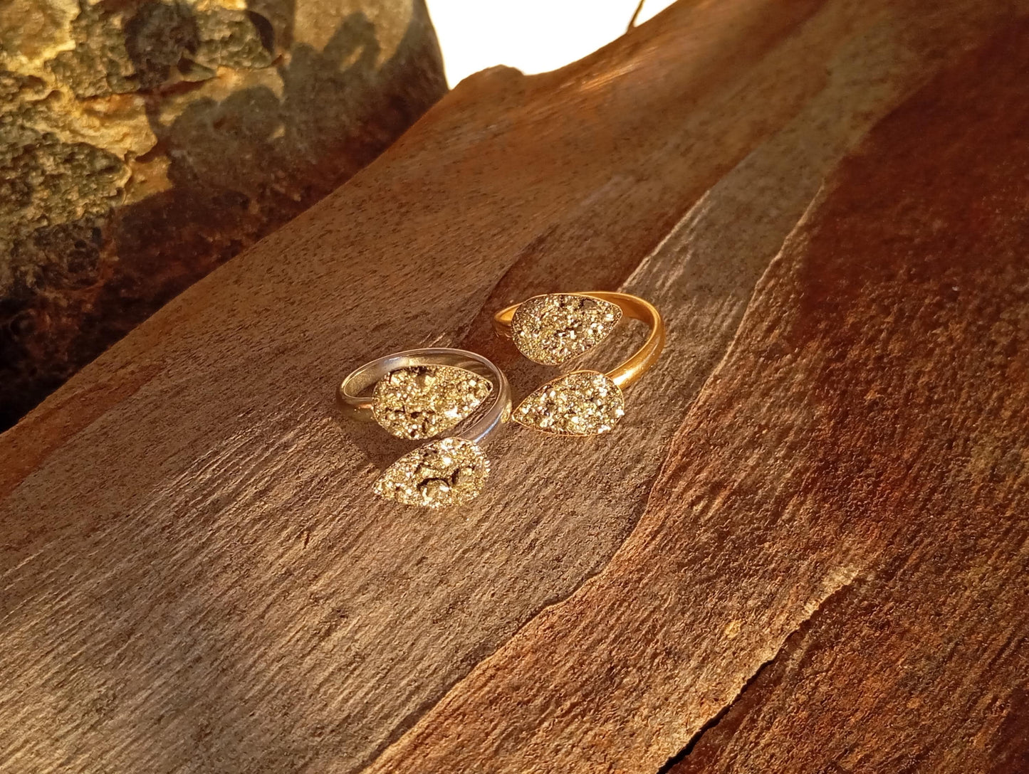 Sparky Raw pyrite adjustable open finger ring women, two drops shape cabochon,zodiac boho fashion dainty elegant protection,party,mascot