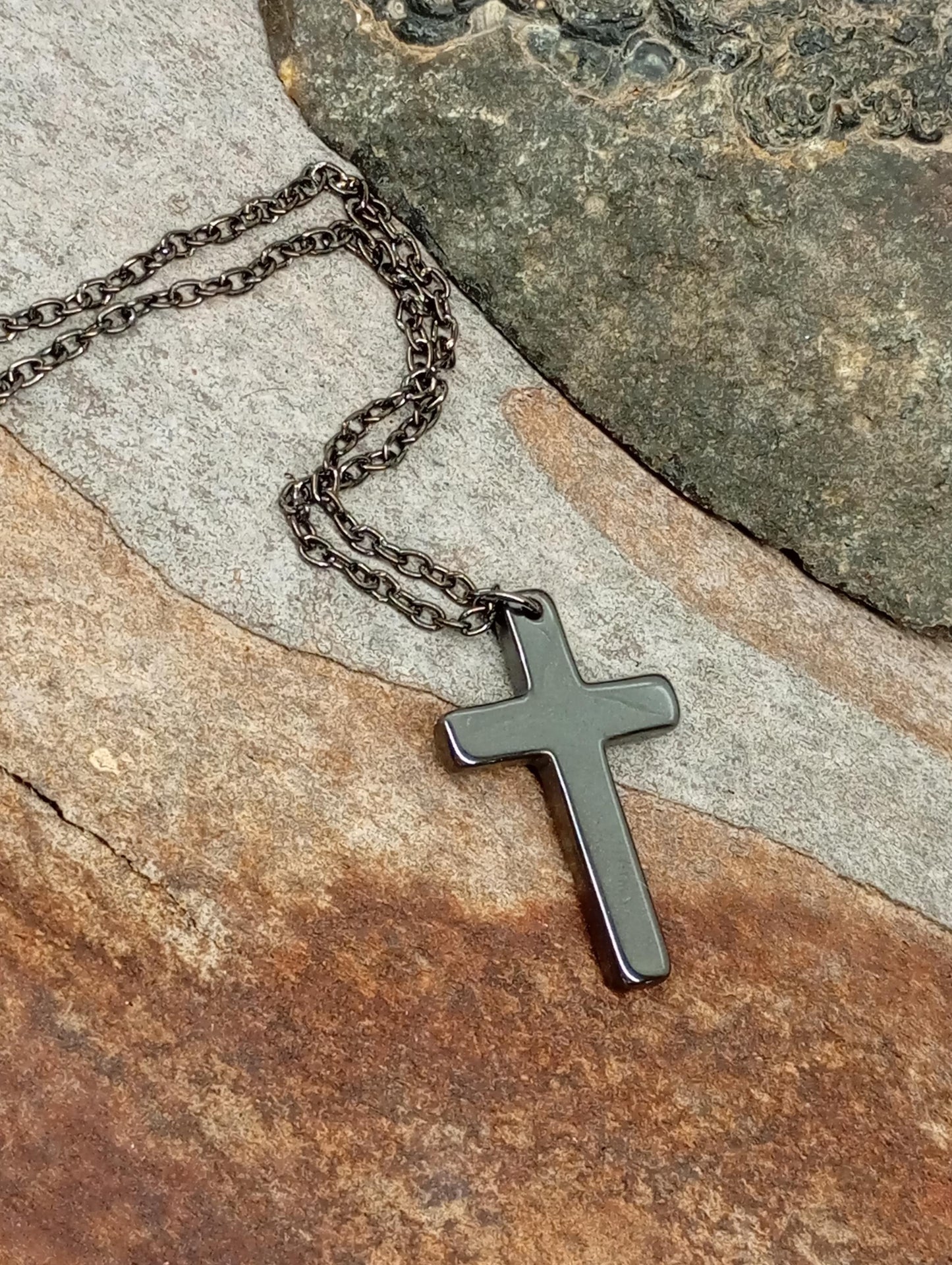 Hematite Cross Pendant Necklace, Christian Religious Classic Cross Charms Gemstone Necklace, stainless steel chain Men , Gift for beliver