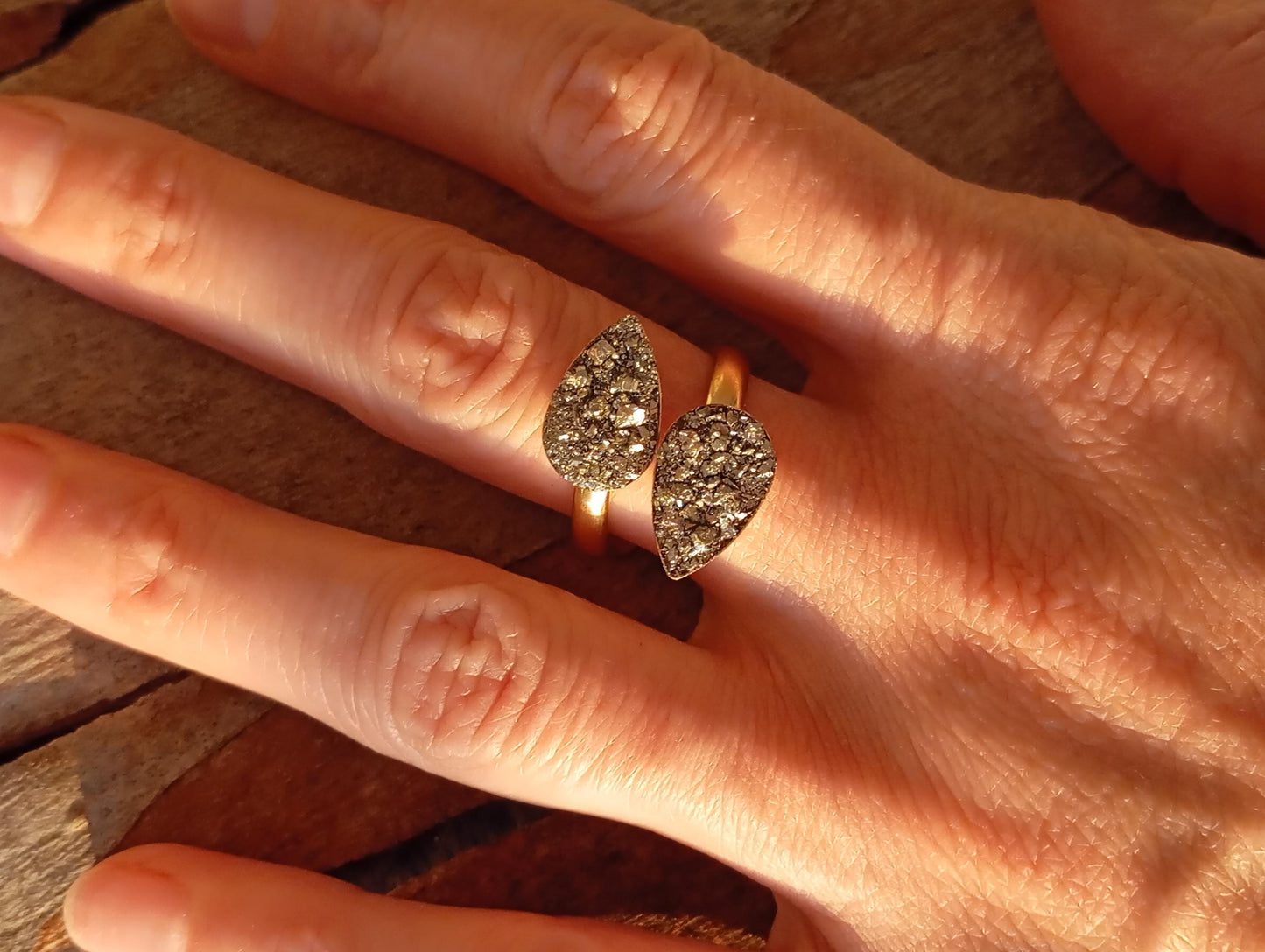 Sparky Raw pyrite adjustable open finger ring women, two drops shape cabochon,zodiac boho fashion dainty elegant protection,party,mascot
