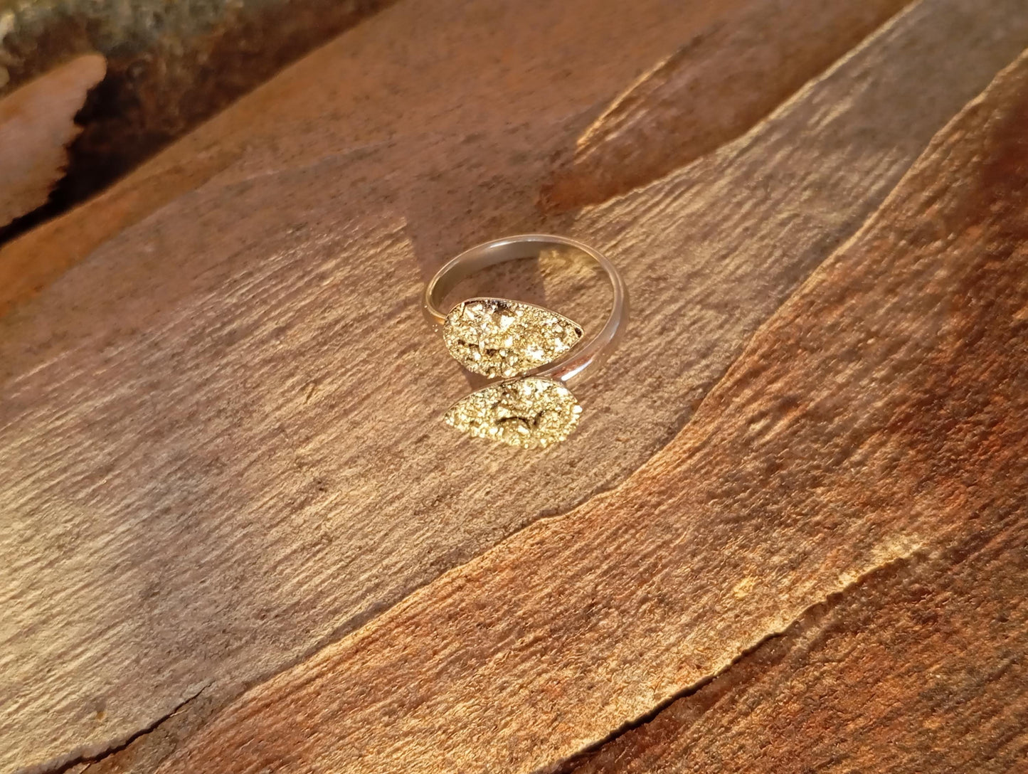 Sparky Raw pyrite adjustable open finger ring women, two drops shape cabochon,zodiac boho fashion dainty elegant protection,party,mascot