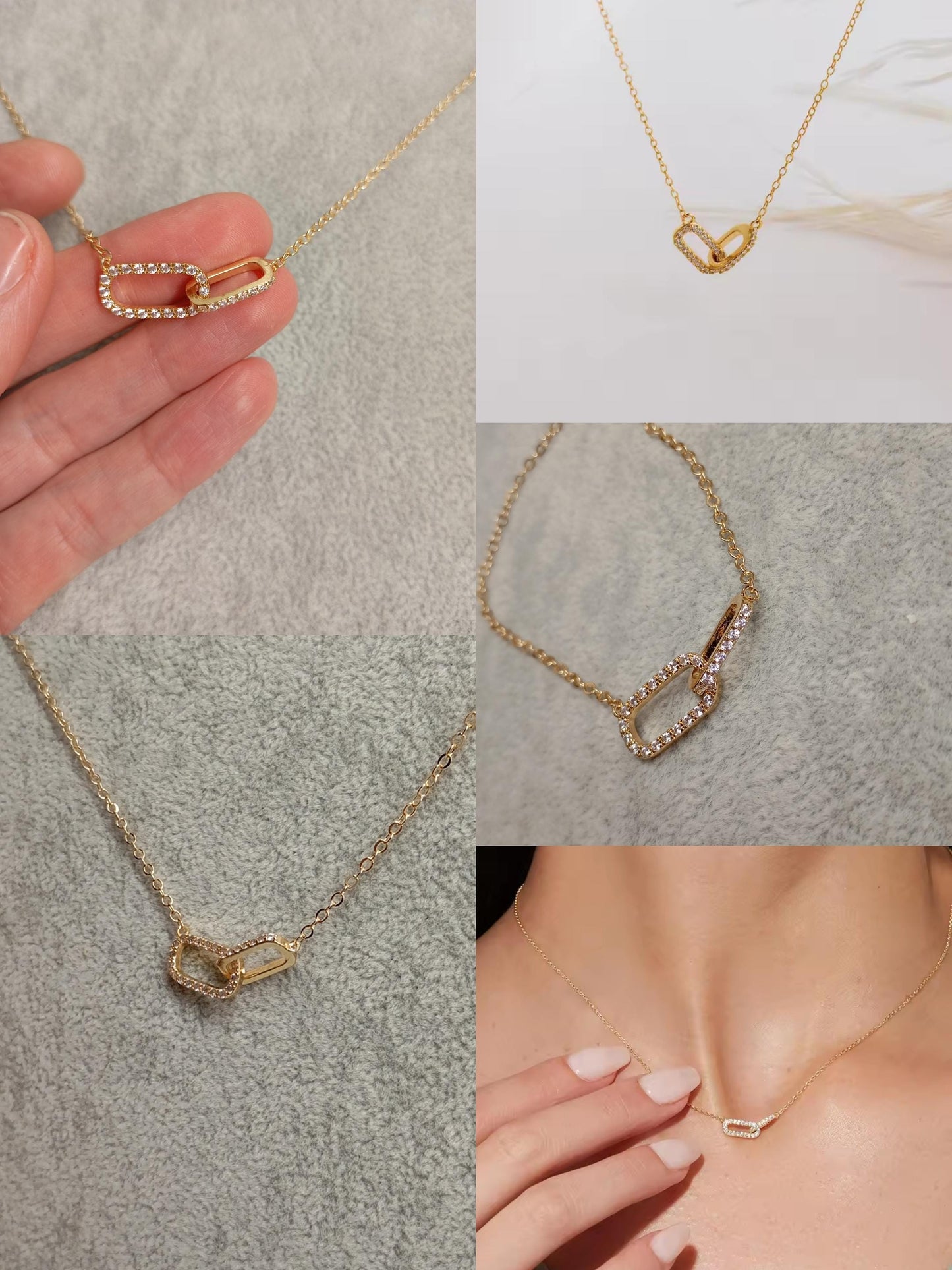 Shiny rhinestone Double circle pendant linked square Hoops, choker chain necklace for women, Charm, fashion trend elegant boho party gift