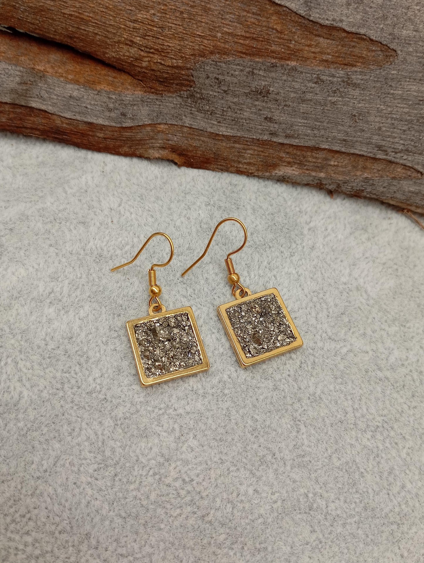 Raw Pyrite in Square cabochon, hooks stainless steel Earrings, wealth stone,bohemian,dainty, Healing, Protection, handmade,natural gemstone