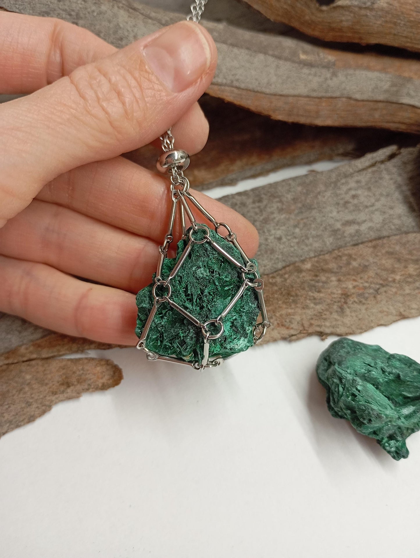 Natural Raw Malachite replaceable crystal stainless steel Cage Holder Crystal Pendant chain Necklace, Protection Healing Jewelry