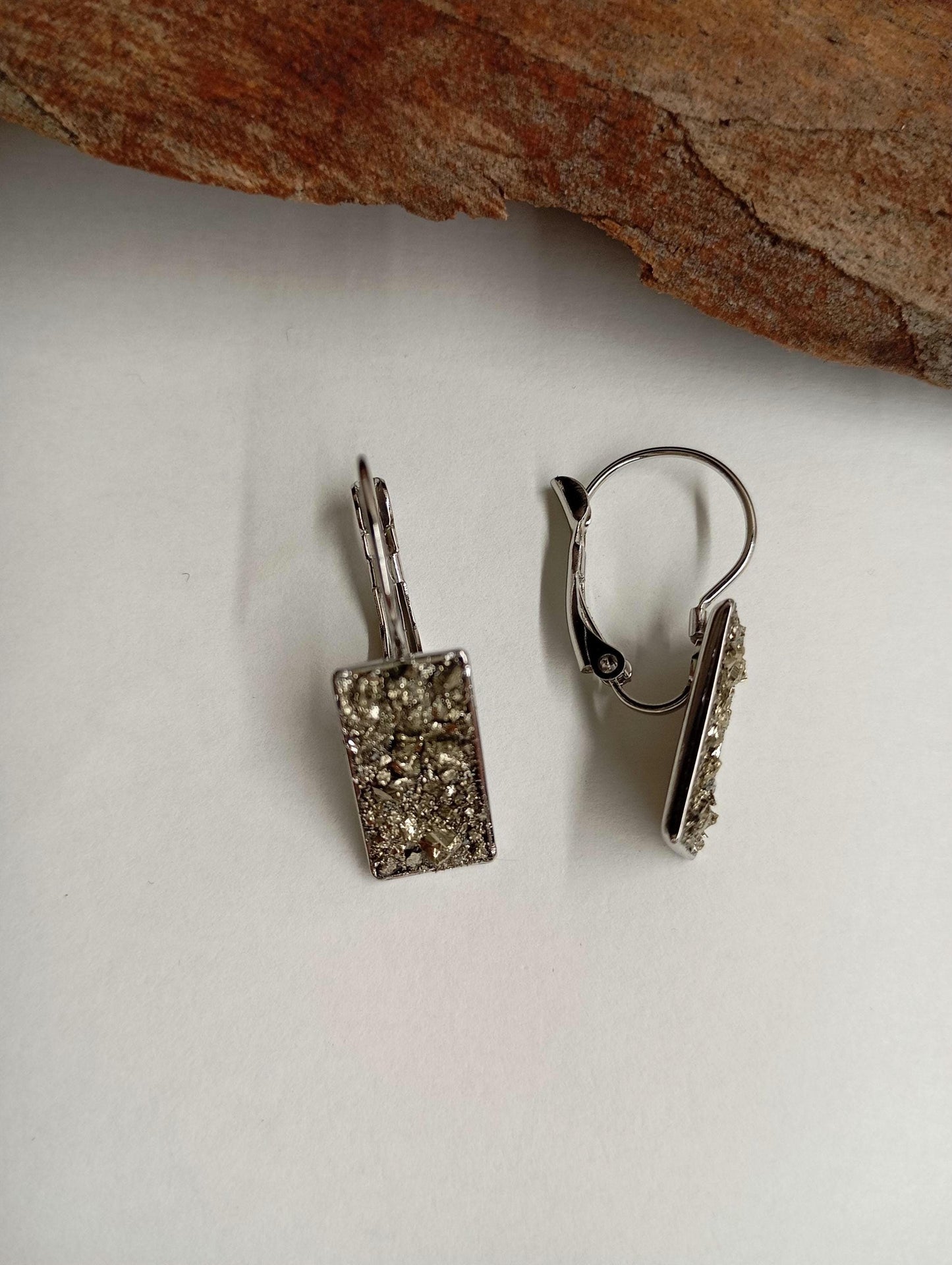 Pyrite rectangular Earrings, Healing Protection, Catching eye, Sparkly crystals, Dainty Elegant Evening Wedding Party Natural Gemstone