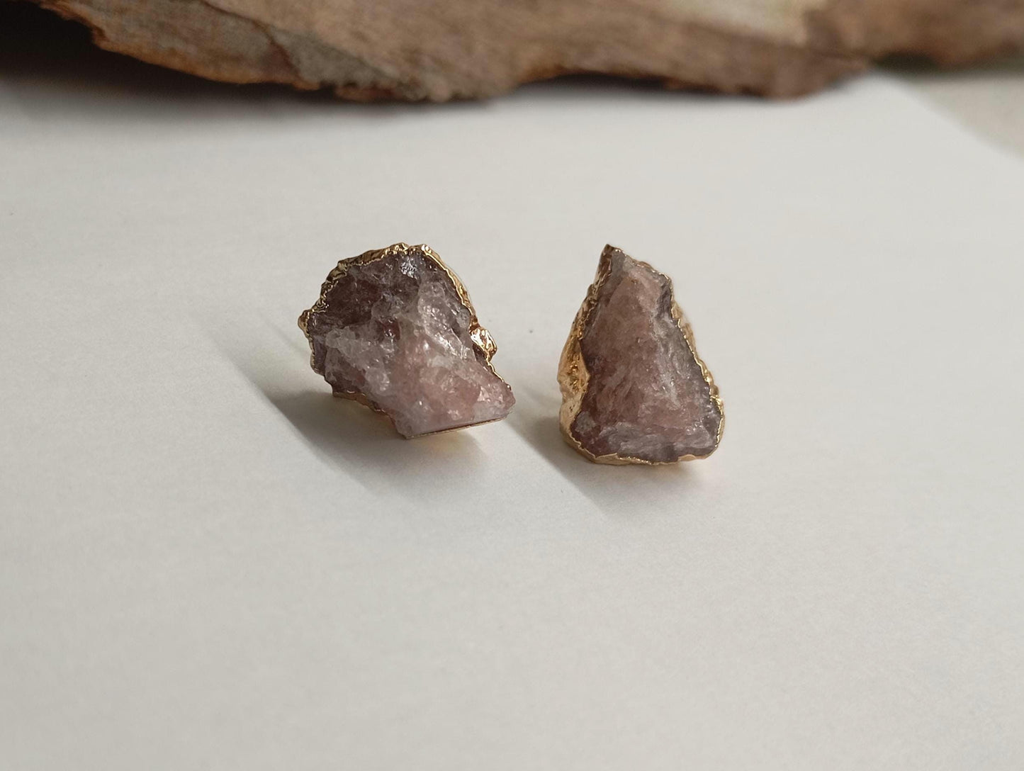 Strawberry quartz Stud Earrings, gold plated pink gemstone irregular, Healing Earrings, wedding, party, bohemian exquisite