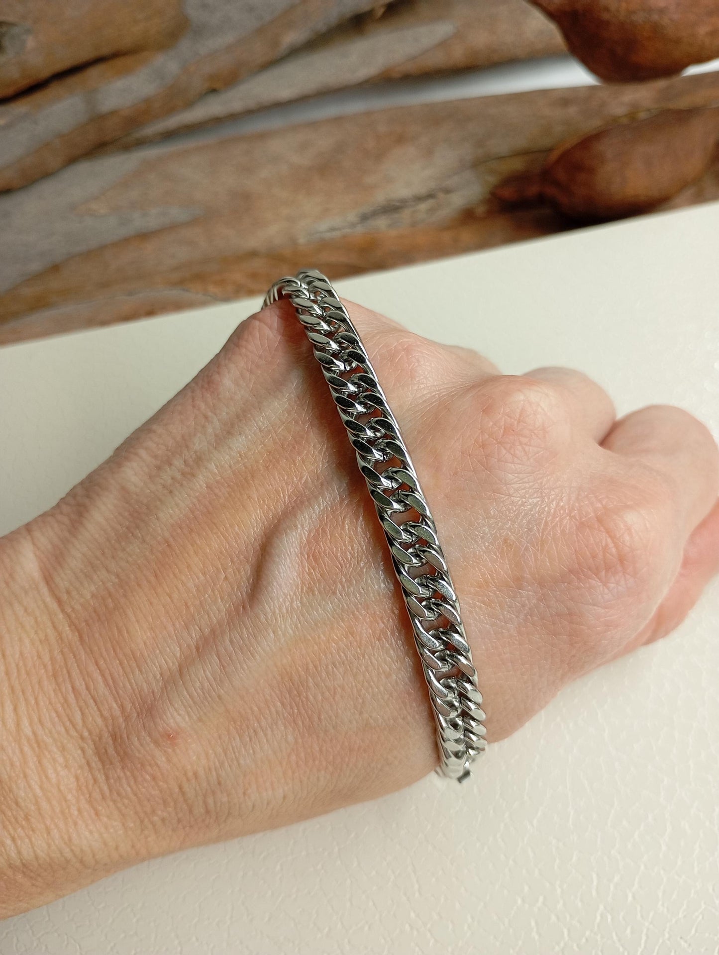 Mans Cuban link chain bracelet in stainless steel with sturdy box clasp, thick masculine , modern, casual minimalist wristband