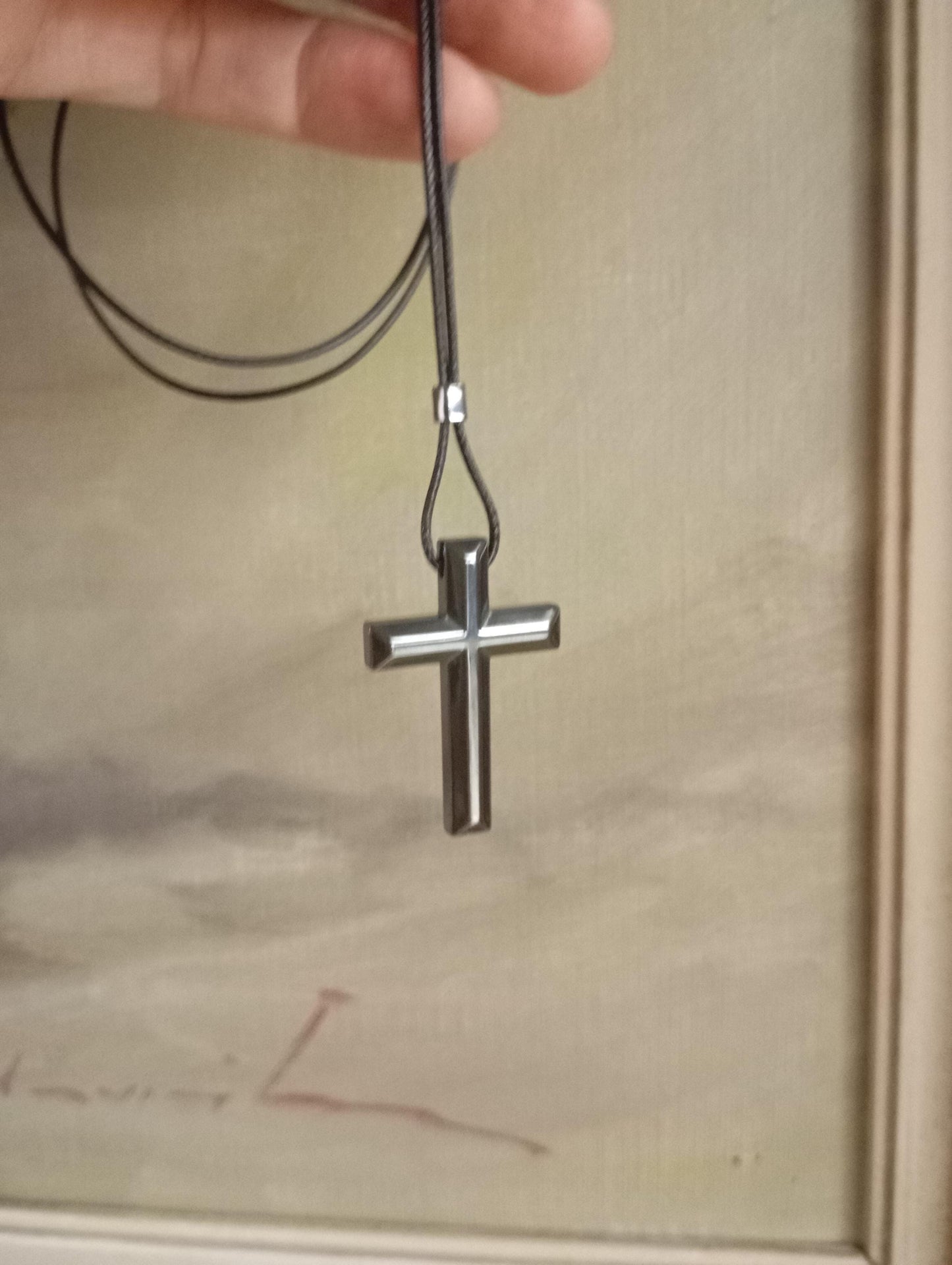 Hematite Cross Pendant Necklace, Christian Religious Classic Cross Gemstone Cross, black cord necklace Men Gift for beliver, prayer