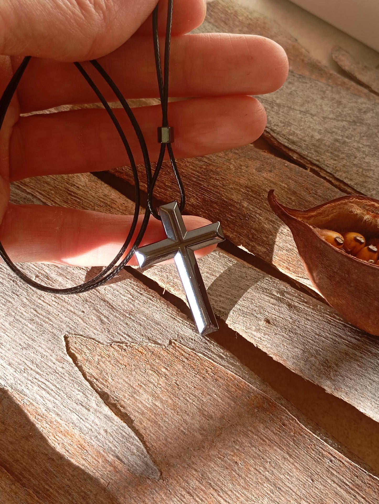 Hematite Cross Pendant Necklace, Christian Religious Classic Cross Gemstone Cross, black cord necklace Men Gift for beliver, prayer