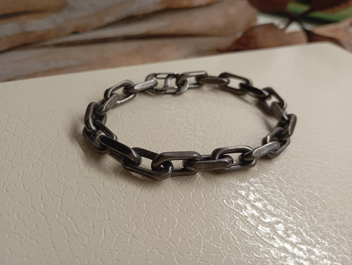 Handmade Rustic Oxidized Steel Chain Bracelet – Chunky Industrial-Style with Hook Clasp, bicycle chain