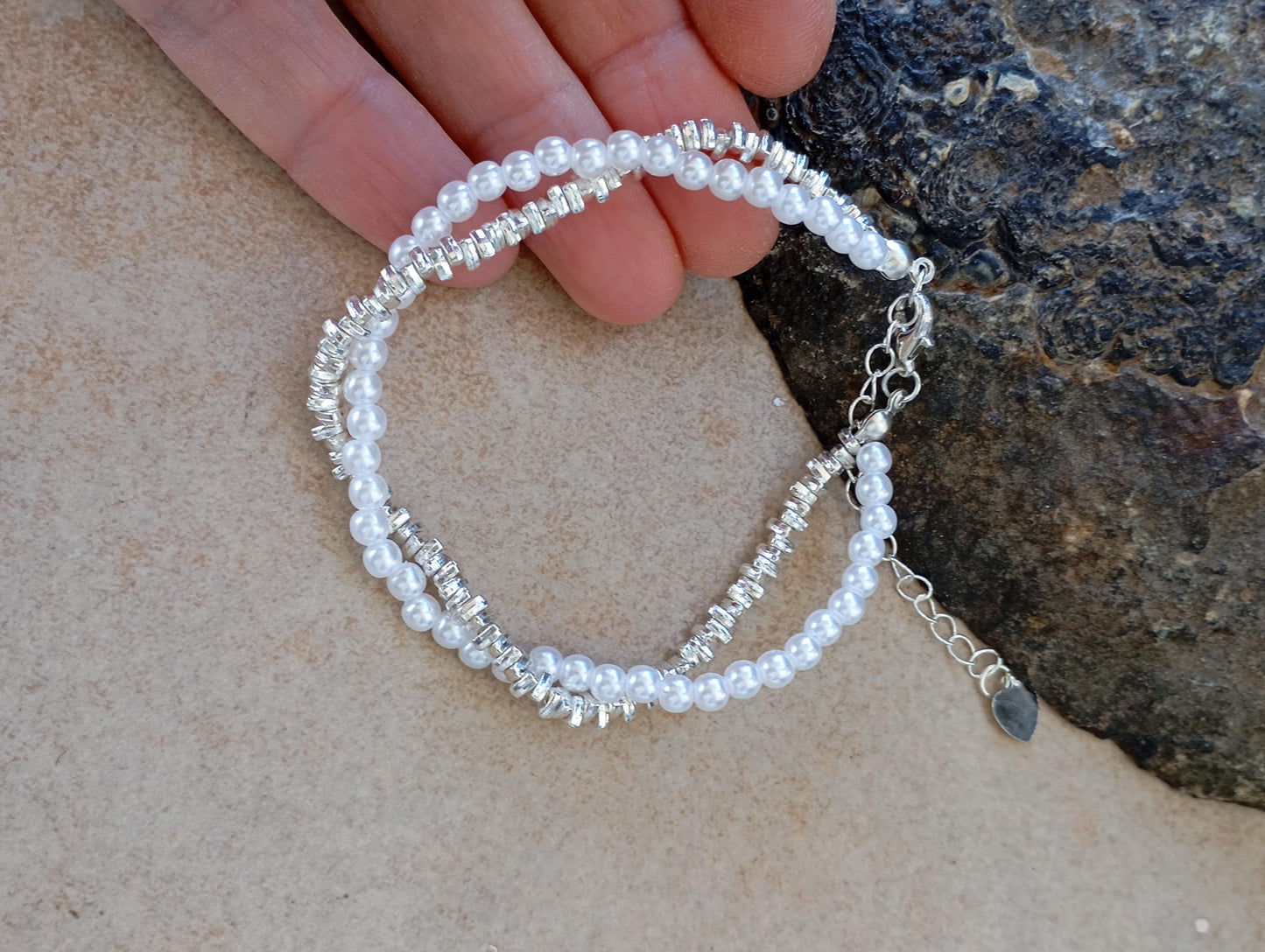 Sterling Silver with white round partial pearls beads Bracelet, Trendy Jewelry, girl birthday gift, party wedding simple fashion