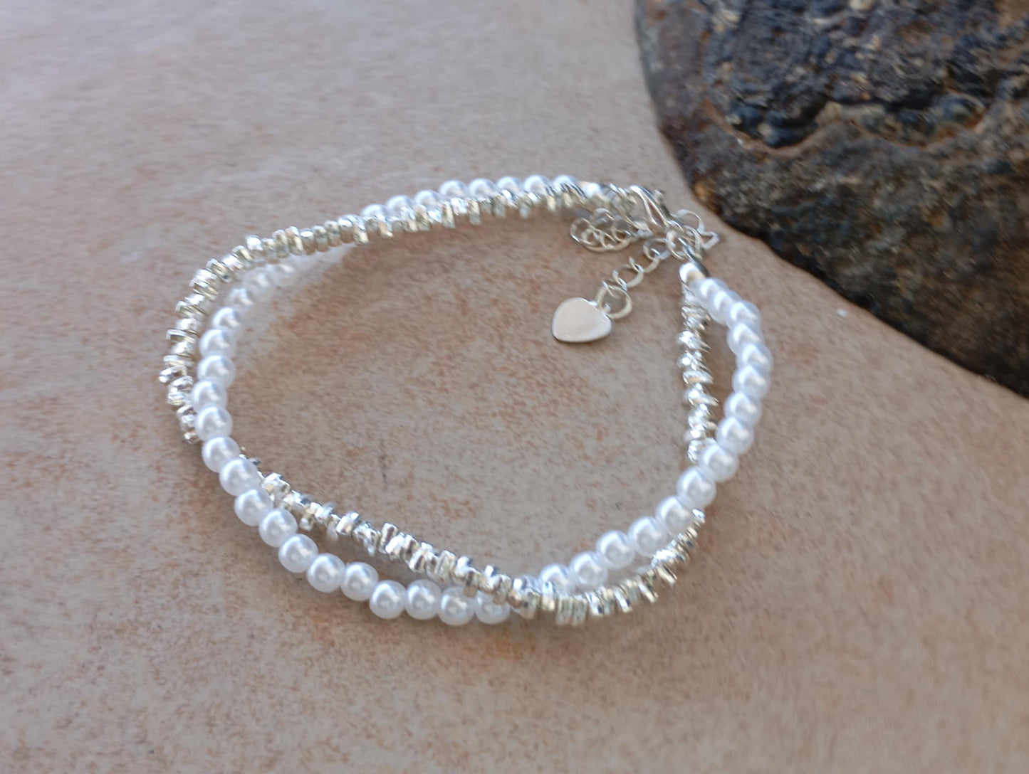 Sterling Silver with white round partial pearls beads Bracelet, Trendy Jewelry, girl birthday gift, party wedding simple fashion